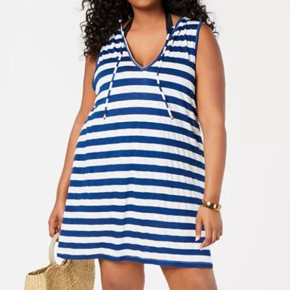 MIKEN SWIM Size X-Large Blue White Striped Nautical Cover-Up V-Neck Hooded